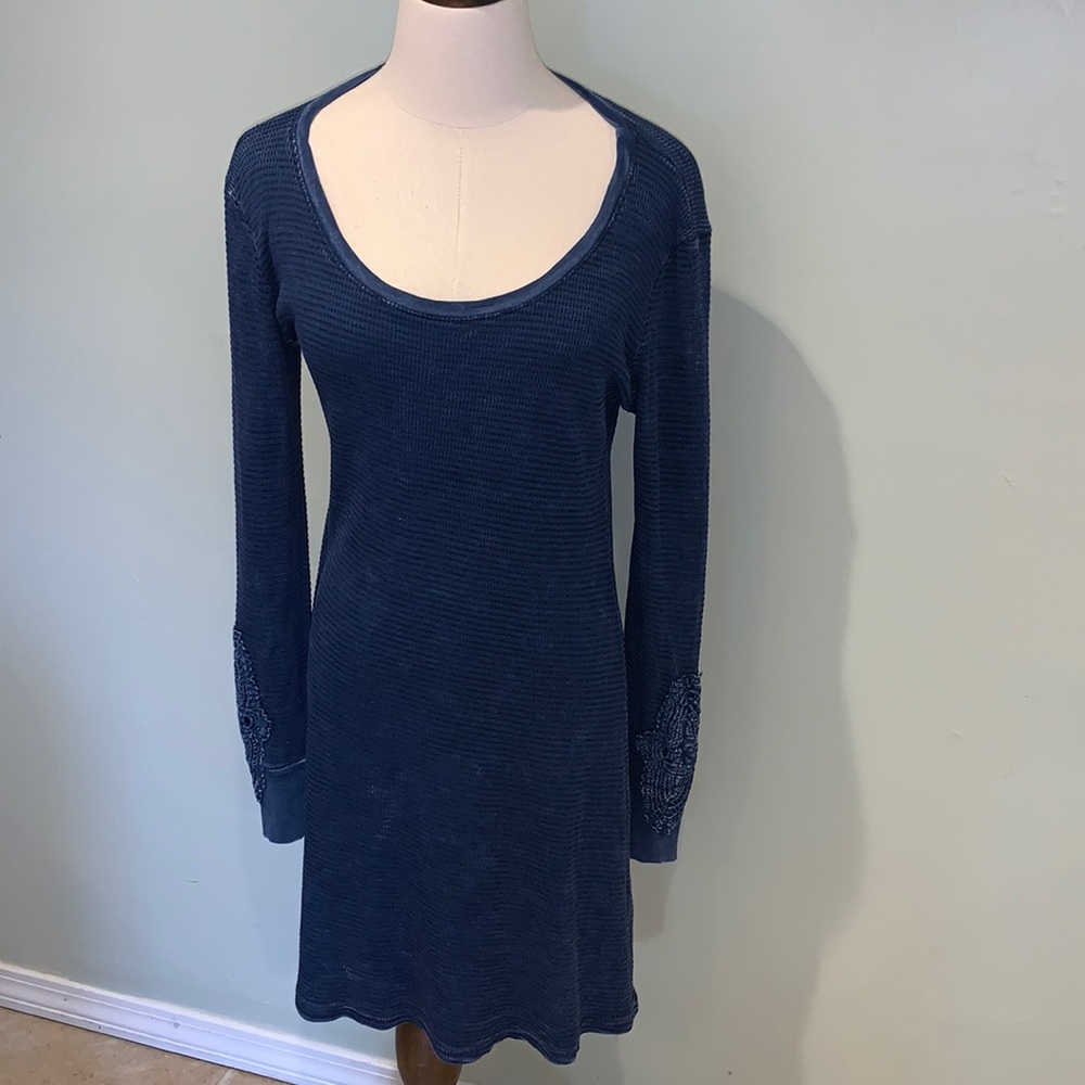 Able - Women’s Indigo Dress Boho Long Sleeve Mini Dress Waffle Casual